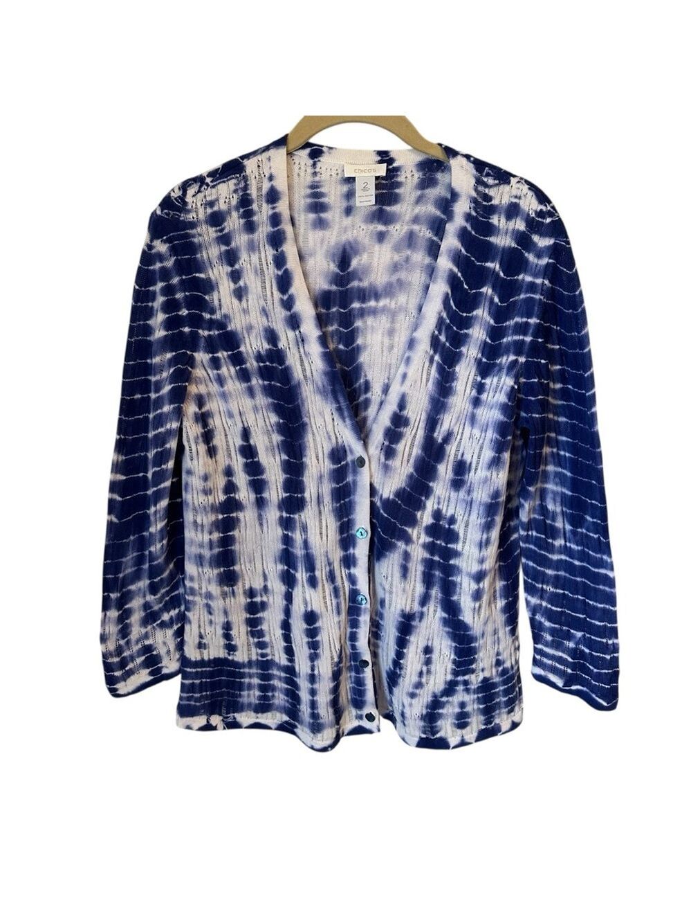 CHICO'S Cotton Cardigan Sweater Semi-Sheer Royal Blue & White Tie-Dye Size 2 Lrg